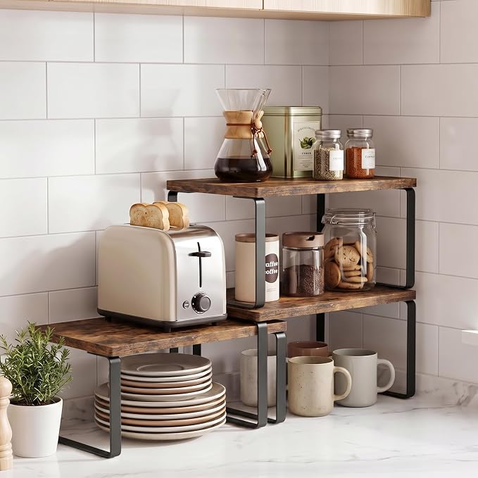 LAMU Cabinet Organizer Shelf, Set of 4 Expandable Kitchen Counter Shelve Plate Organizer for Cabiner, Stackable Spice Rack, CupBoard Organizers and Storage, Brown