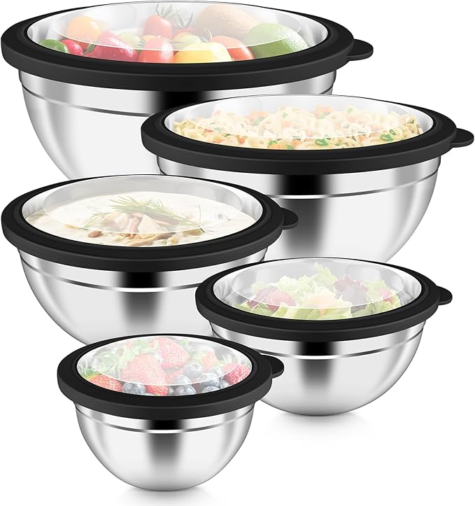 P&P CHEF Metal Mixing Bowls with Lids Set, Visible Airtight Lids & Black | 5 PCS Stainless Steel Mixing Nesting Bowls for Kitchen Prepping, Storing, Healthy & Easy Clean, Size 4.6, 3, 1.5, 1, 0.7 QT