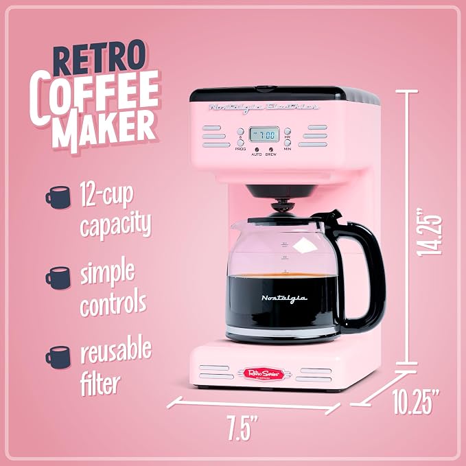 Nostalgia Retro 12-Cup Programmable Coffee Maker With LED Display, Automatic Shut-Off & Keep Warm, Pause-And-Serve Function, Pink