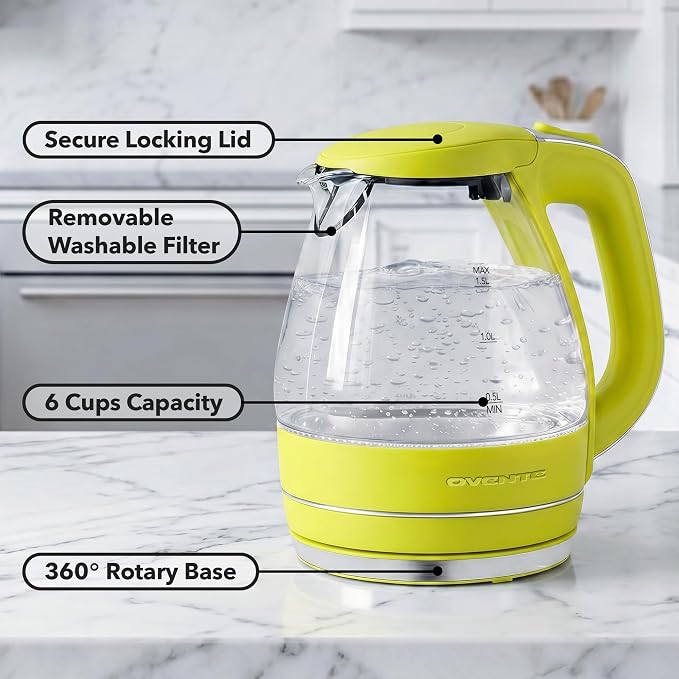 OVENTE 1.5L Glass Electric Kettle Water Boiler, Green KG83G | 1100W Fast Boiling, Borosilicate Glass, BPA-Free, Blue LED, Auto Shut-Off, Boil-Dry Protection, Removable Filter, 360° Base