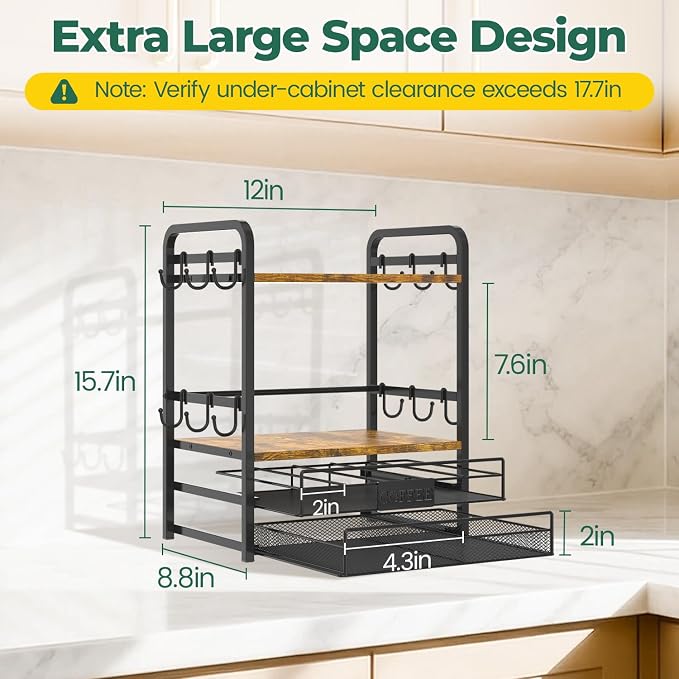 EsLuker.ly Coffee Bar Organizer Station Shelf Mug Holder for Countertop | 4 Tier Mug Holder Stand with 12 Hooks, K Cup Pod Drawer for Home Office, Keeps Essentials Tidy & Accessible