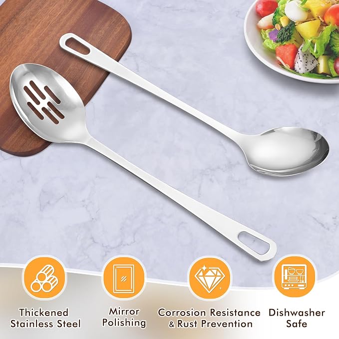 Stainless Steel Cooking Spoon, Slotted Metal Serving Spoon, Heavy Duty Sturdy Large Soup Ladle, High Heat Resistant Kitchen Cooking Utensils for Mixing, Stirring, Ergonomic Handle, Easy to Clean