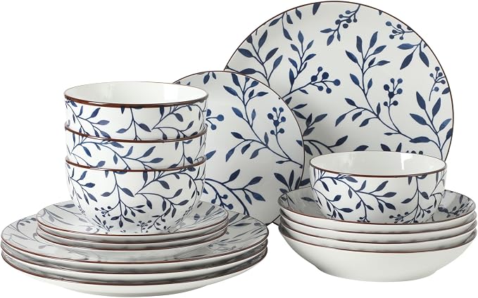 Gibson Home Palace Suite 16-Piece Dinnerware Set, Blue Floral Stoneware Plates & Bowls, Service for 4, Round Durable Everyday Dish Set