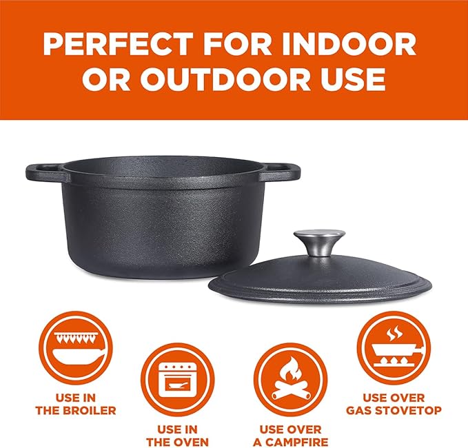 Commercial Chef 3.4-Qt. Dutch Oven with Lid, Cast Iron, CHCI340 | Pre-seasoned, Integrated Handles, Works on All Cooktops Including Induction, Outdoor Cookware for Campfires or Grills