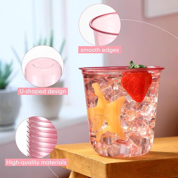 Ziliny 100 Pcs 12oz Plastic Stemless Wine Glasses Disposable, Pink | Plastic Wine Glasses for Parties Weddings Birthdays, Cocktail Drinking Cups, Round Bowl, Bulk Event Supplies