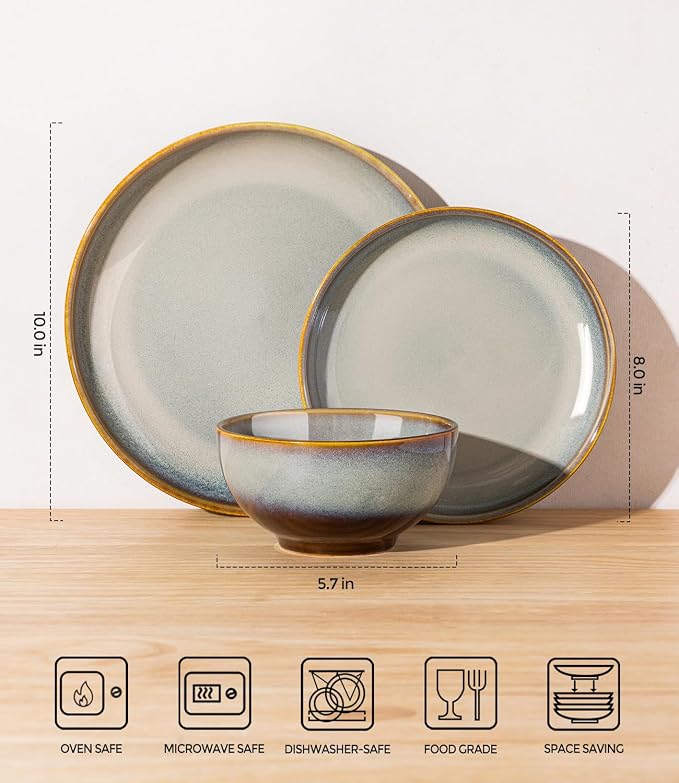 Ceramic Dinnerware Set for 4, 12-Piece Plates and Bowls Set | Handmade Reactive Glaze Dish Set, Scratch Resistant, Oven & Microwave & Dishwasher Safe, Dusk Blue
