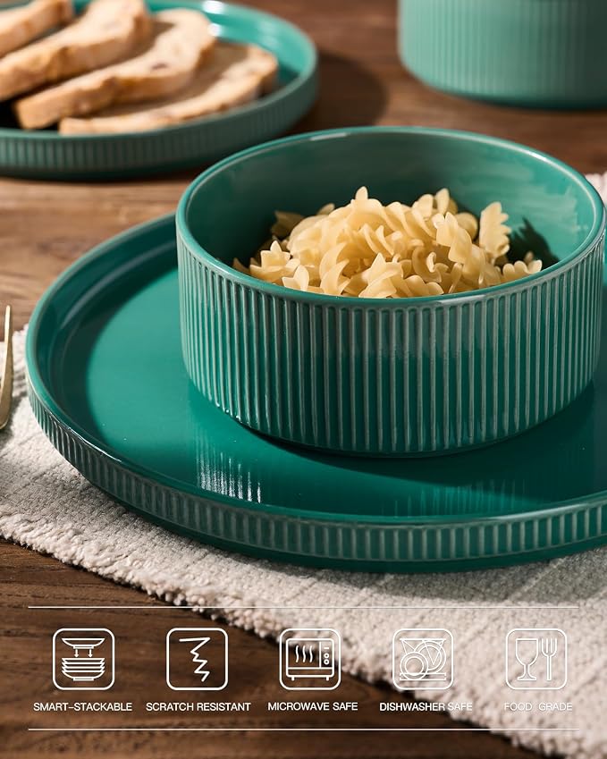 Famiware Star Stoneware Dinnerware Sets with Pasta Bowls, 16pc Dishes for 4 | Ceramic Flat Plates and Double Bowls. Chip & Scratch Resistant. Microwave & Dishwasher Safe, Everyday & Party Use, Sage Green
