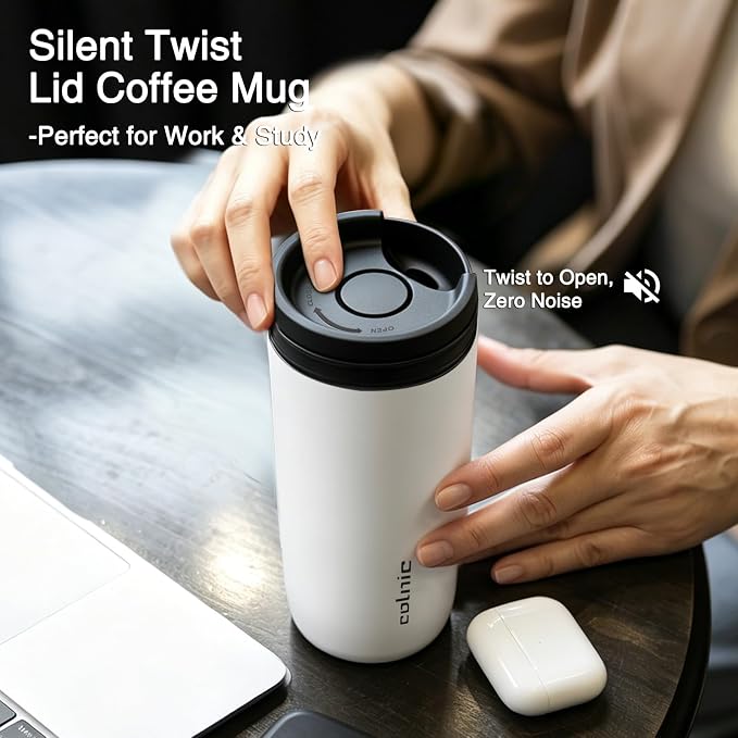 16 oz Travel Coffee Mug with Twist-Open Lid, Leak Proof Coffee Travel Mug, Insulated Tumbler Stainless Steel Coffee Cup For Hot And Iced Cold, Spill Proof Fits Cup Holder (White)