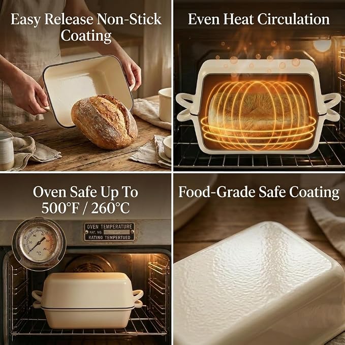 5 Quart Enameled Cast Iron Bread Pan with Lid, Dutch Oven for Sourdough Bread Baking, Large 12.6" Loaf Pan for Homemade Artisan Bread, Oven Safe for Crispy Crust & Fluffy Interior (Cream White)