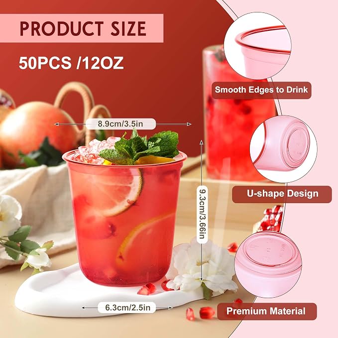 KesaPlan 100Pcs 12oz Red Plastic Party Cups, Disposable Wine Cocktail Cups | Cute Clear Stemless Glass, Round Bottom PET Cold Drink Cups for Christmas Valentine's Mother's Day Birthday Wedding Party