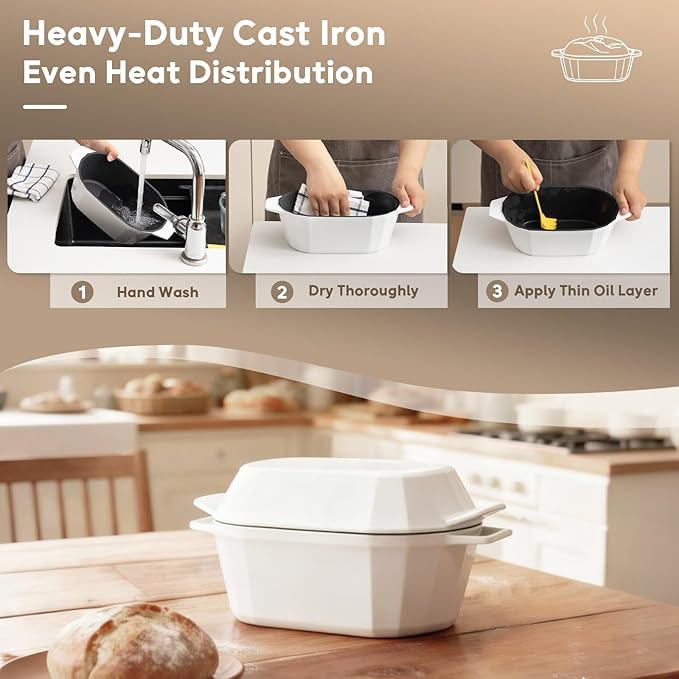 Enameled Cast Iron Dutch Oven for Bread Baking – 3QT Oval Round Heavy Duty Bread Pan with Lid, Non-Stick Ceramic Coating,Loaf Cast Iron Bread Oven for Sourdough, Baking, Roasting, Braising, Stovetop & Oven Safe