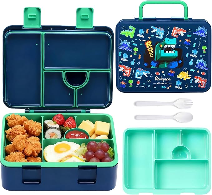 rockpapa Bento Box for Kids - Large 5.5 Cups Lunch Box with Utensils - 5 Compartments, BPA-Free, Leak Proof, Portable Handle for Boys Girls, Microwave/Dishwasher Safe (Blue Dinosaur)