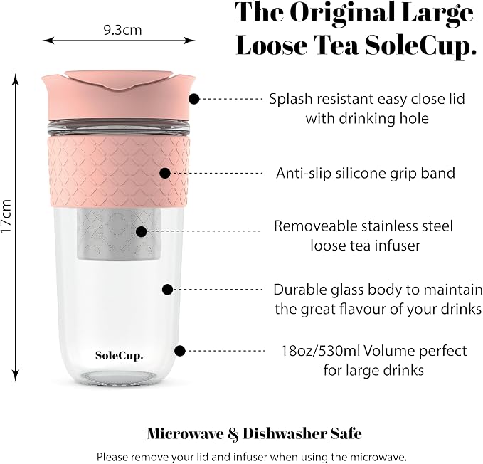 Large Travel Mug Loose Tea Infuser - Detachable Tea Strainer with Spill Proof Lid - 18oz/530ml BPA-Free Reusable Glass Travel Coffee Cup with Silicone Band (Pink, 18oz)