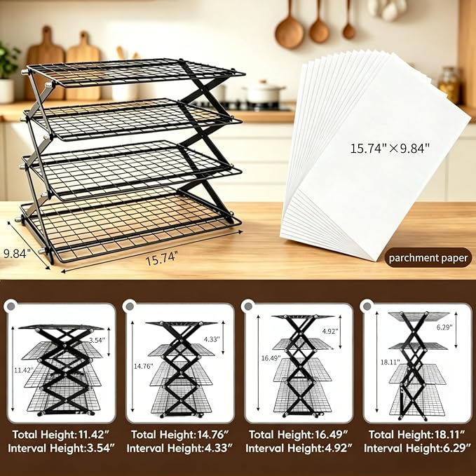4 Tier Cooling Rack, Collapsible Cooling Racks for Cooking and Baking, Adjustable Cookie Wire Cooling Rack with 20 Sheets Parchment Paper, Baking Gifts for Homemade Bakers