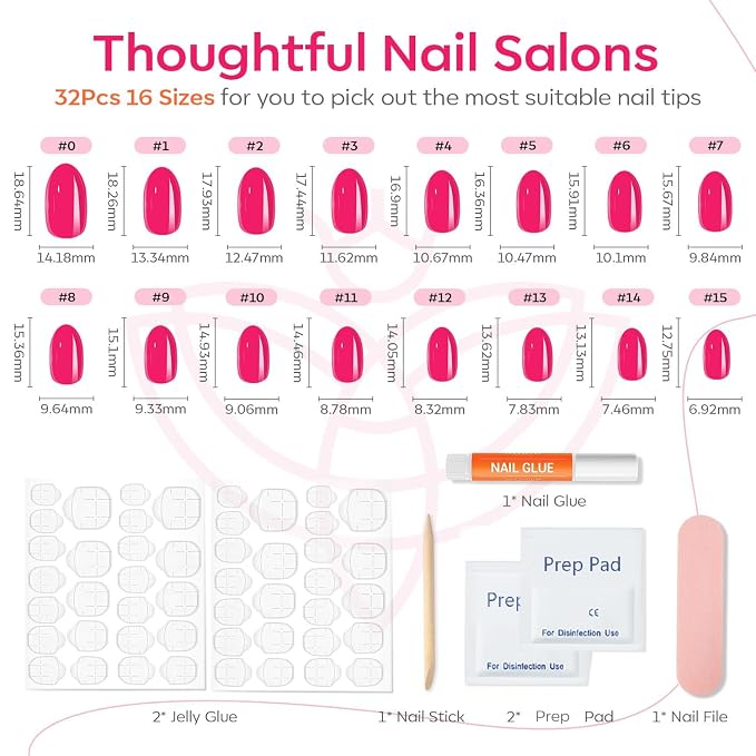 Modelones Press on Nails Short, Summer Oval Fake Nails, Reusable Nail Kit | with Nail Glue Adhesive Tabs Mini Nail File, Nails Press Ons 32Pcs 16Sizes, Women Girl Gift, Chrome Pink
