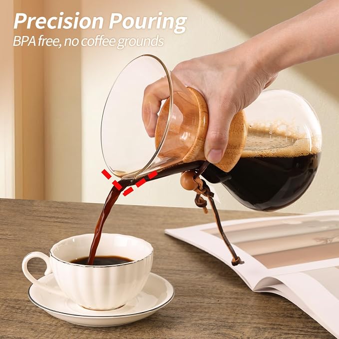 Pour Over Coffee Maker 20 OZ, 6 Cup Borosilicate Glass Drip Coffee Maker with Reusable Stainless Steel Filter and Cork Grip for Home Café 600 ML