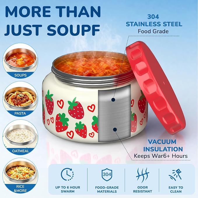 Bento Lunch Box for Kids–Strawberry Console Design with 12oz Insulated Stainless Steel Soup Jar and Built-in Ice Pack, 3-Compartment Leak-Proof Kids Bento Box for Boys Girls School Travel