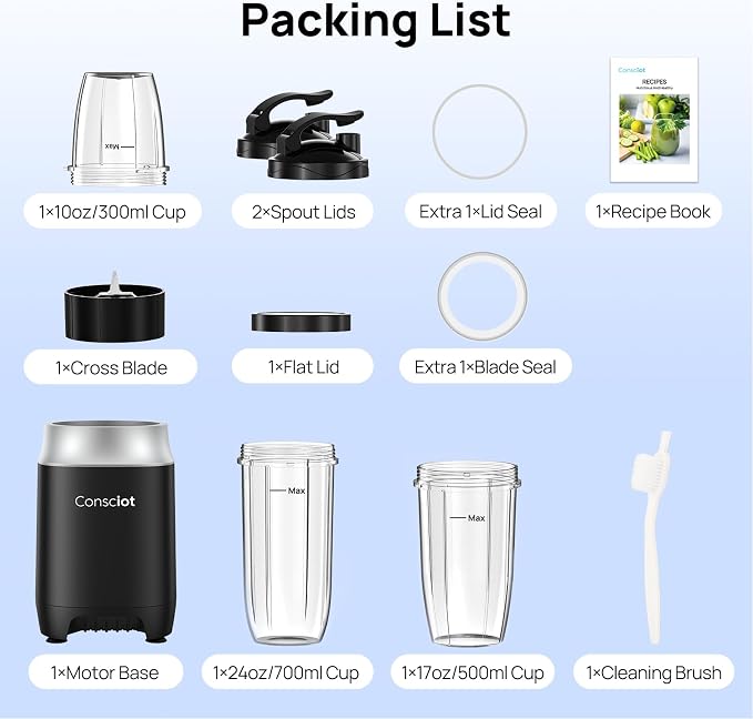 Consciot CB10 11Pcs Personal and Countertop Blender Combo, 900 Peak Watts | Make Shakes & Smoothies, Frozen Drinks, Baby Food, Spreads & More, 3 Portable BPA Free To-Go Cups, 2 Spout-Lids & 1 Flat-Lid