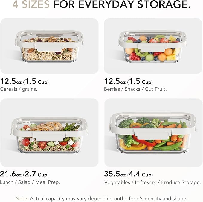 4 Pack Glass Produce Storage Containers for Fridge with Glass Lids | 82oz Borosilicate Produce & Meal Prep Containers, Airtight Leakproof BPA Free Fridge Organizer, Microwave Dishwasher Safe