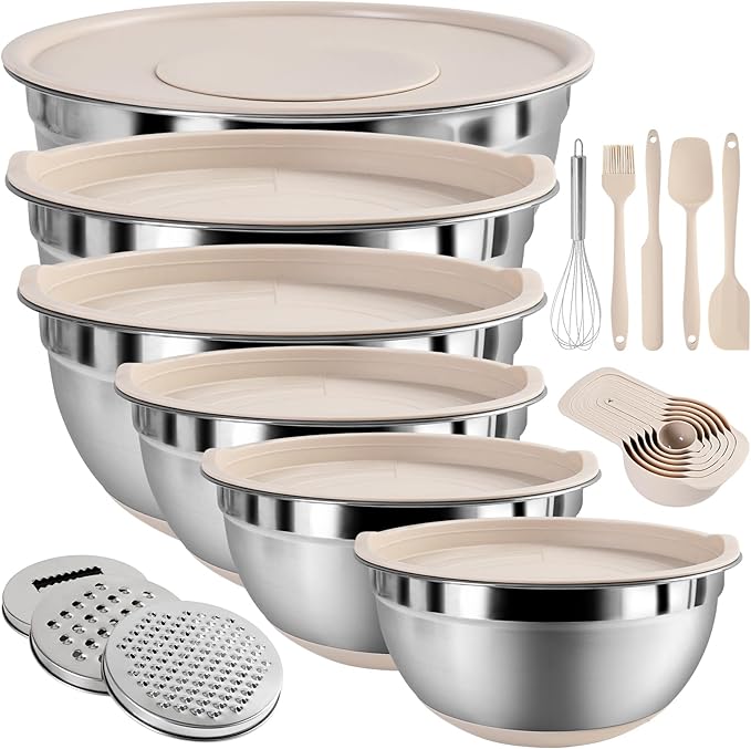 Mixing Bowls with Airtight Lids Set, 20 PCS Kitchen Gadgets Set, 6 Stainless Steel Bowls,3 Grater Attachments,Non-Slip Silicone Bottoms,Great for Serving&Baking,Size 5, 4, 3.5, 2.1, 1.5, 1.1QT (Khaki)