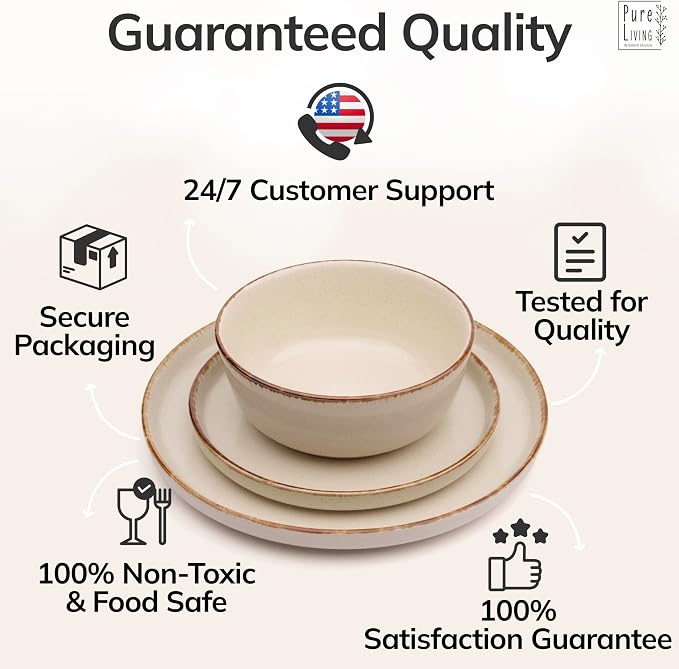 12 Piece Stoneware Dinnerware Set for 4 - Handmade Reactive Glaze Plates and Bowls Set - Chip & Scratch Resistant Dish Set - Dishwasher Microwave Safe - Rustic Beige