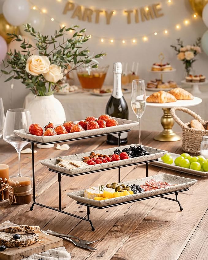 LAUCHUH 3 Tier Serving Trays for Party, Porcelain Tiered Serving Tray Stand | 14 inch Serving Platters with Collapsible Sturdier Rack Serving Plates for Halloween Thanksgiving Christmas, Speckled Glaze
