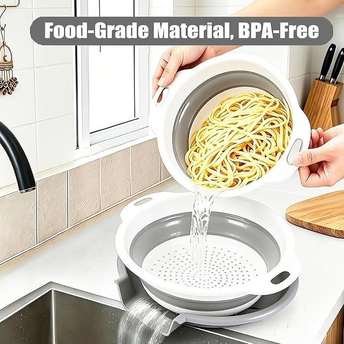 Collapsible Colanders Food Strainers, 3-Pack Foldable Kitchen Strainers with Over-Sink Water Draining Tray, Space Saving Kitchen Drainer for Vegetables, Fruit, Pasta and Rice (White-Gray)
