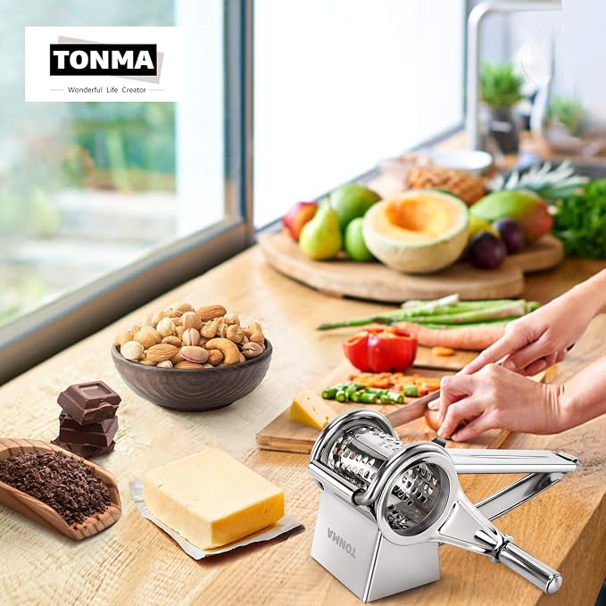 TONMA Multipurpose Rotary Cheese Grater Hand Crank | Cheese Grinder with 1 Stainless Steel Handheld Drum for Parmesan, Pecorino Romano, Mozzarella, Vegetables, Ergonomic Design