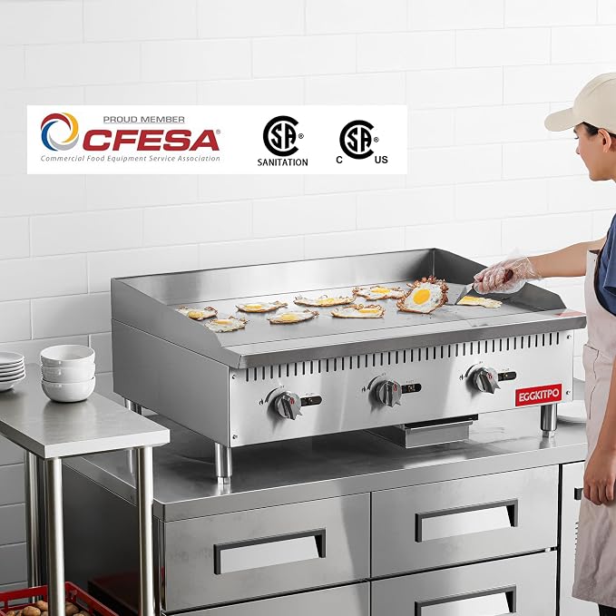 EGGKITPO 36 Inch CSA Certified Commercial Propane/Natural Gas Griddle Manual Controls 90,000 BTU Countertop Flat Top Grill Hot Plate with Independeent Knob 3 Burners Teppanyaki Grill for Restaurant