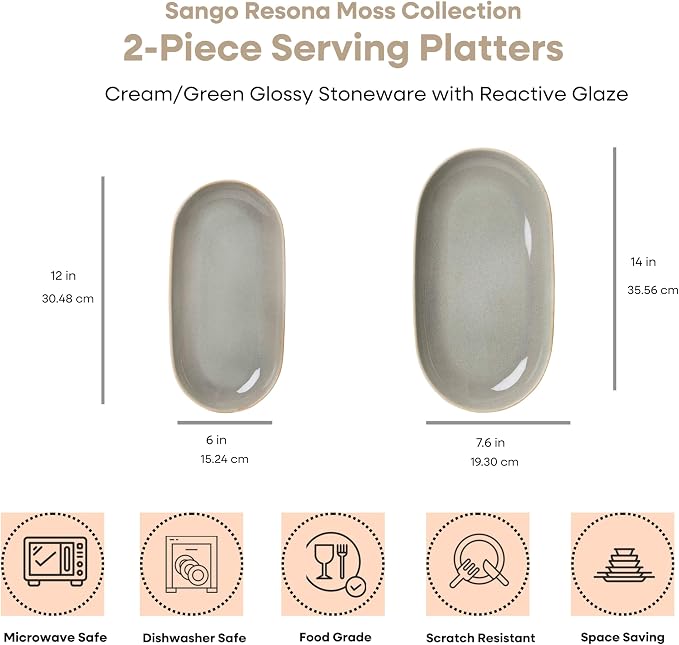 SANGO Resona Moss Serving Platters Set of 2, 14/12 Inch Stoneware Serving Dishes for Entertaining, Glossy Party Serving Trays with Reactive Glaze, Buffet Oval Platters for Bread, Appetizer, Cheese
