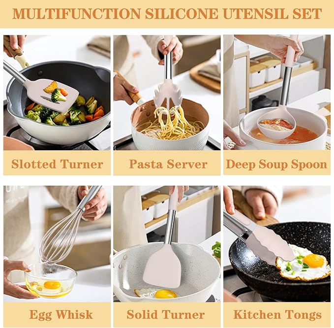 Silicone Cooking Utensil Set, Umite Chef 43 PCS Heat Resistant Kitchen Utensil Gadgets Set-Stainless Steel Handle- Kitchen Spatula Tools for Nonstick Cookware, Pots and Pans Accessories (Khaki)