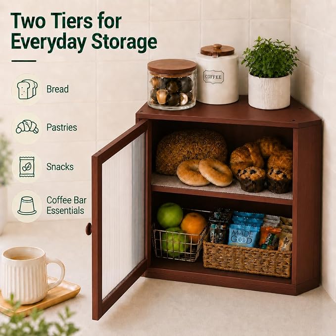 BAMBANG Corner Bread Box for Kitchen Countertop, Large Capacity Bamboo Wood Bread Storage Container, 2 Tier Farmhouse Breadbox with Fluted Acrylic Door for Bread, Homemade Bread and Snacks, Brown