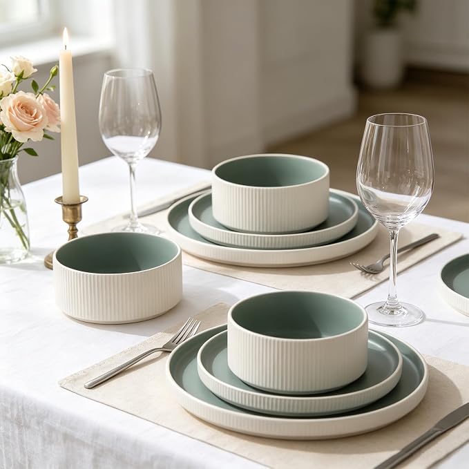 12PCS Ceramic Dinnerware Set for 4,Stoneware Plates and Bowls Sets | Reactive Glaze Dish Set,Scratch Resistant Tableware Set,Reactive Glaze,Microwave & Dishwasher Safe,White Cyan