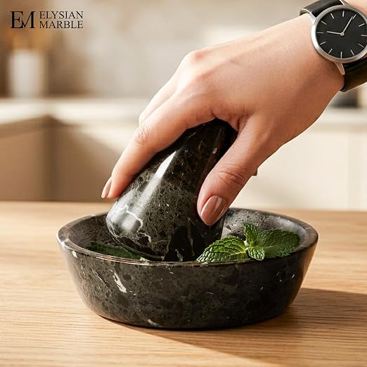 Mortar and Pestle Set, Black Marble 5.5 Inch Wide Shallow Mortar with Pestle, Manual Spice Grinder for Herbs, Garlic, Ginger, Pesto, Guacamole, Salsa and Fresh Seasoning