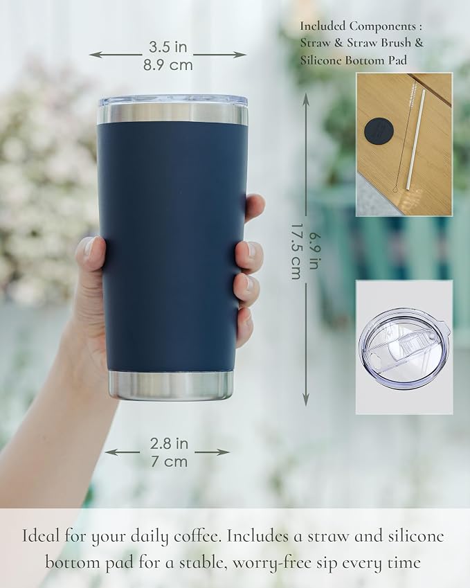 20oz Travel Coffee Tumbler 8 Pack, Lids and Straws, Stainless Steel | Double Wall Vacuum Insulated Tumbler, Coffee Mug for Hot & Cold Drinks, Fits Most Car Cup Holders, Navy Blue