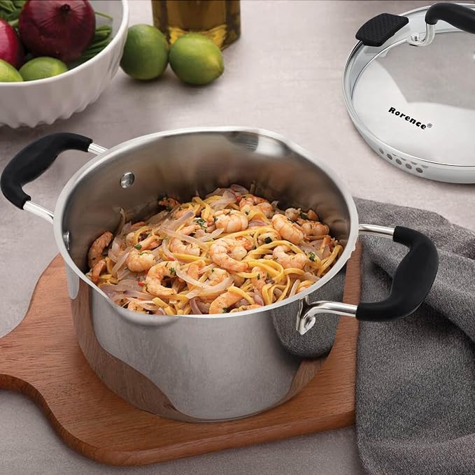 Rorence 3.7 Quart Stainless Steel Stock Pot with Lid, Pasta Pot for Cooking | Stockpot with Pour Spout & Silicone Handles & Glass Lid with Strainer