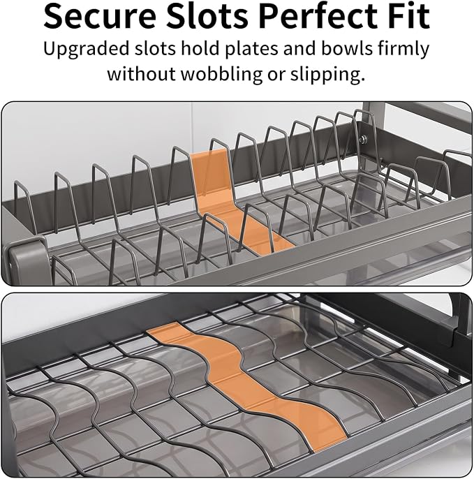Dish Drying Rack for Kitchen Counter, Sink Storage Essentials, Home and Apartment Decor, Gray, 2-Tier Carbon Steel, Including Knife Holder, Utensil Holder, Cutting Board Stand