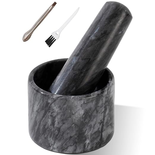 Marble Mortar and Pestle Set, 3 inch Pill Crusher Grinder Fine Powder | Mortar and Pestle with Brush & Spoon for Pills Herbs Spices | Easy to Grip | Gets a Fine Grind Easily, Arthritic Hands（Black）