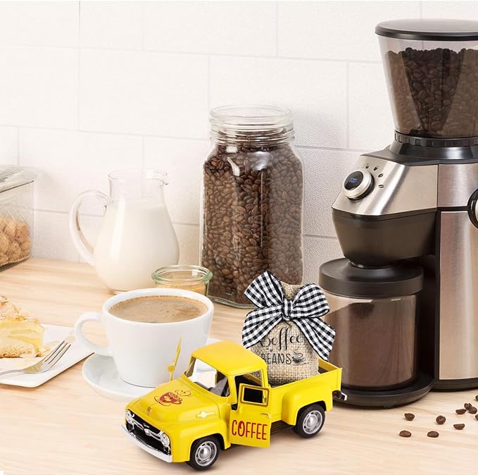 Hooqict Coffee Bar Decor Mini Metal Yellow Truck with Coffee Beans Burlap Sack for Summer Fall Home Farmhouse Kitchen Tiered Tray Decor Coffee Bar Accessories Coffee Station Decoration