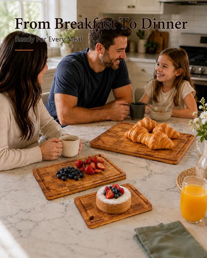 Cutting Boards for Kitchen, Bamboo Cutting Board Set of 3 with Storage Stand, Deep Carbonized Chopping Boards with Juice Grooves and Side Handles for Meat, Vegetables, Fruit and Meal Prep