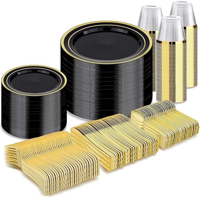 BESTVIP 600PCS Black Gold Dinnerware Set for 100 Guests, Plastic Plates | for Party, 100 Black Gold Disposable Plates, 100 Dessert Plates, 100 Cups, 100 Spoons, 100 Forks and 100 Knives