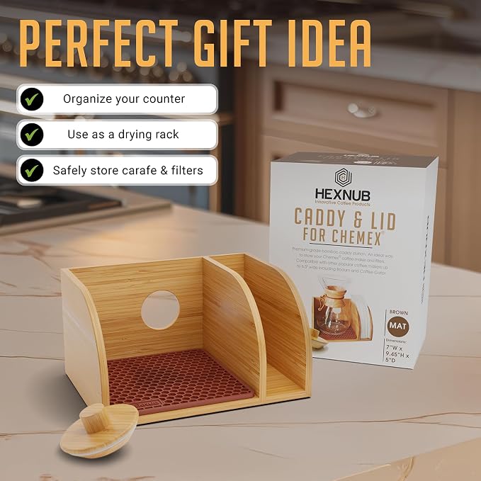 Pour Over Caddy with Lid for Chemex Bodum Cosori Coffee Makers Brown | Handmade Bamboo Stand, Lid, Filter Holder, Heatproof Mat for a Cleaner Coffee Station