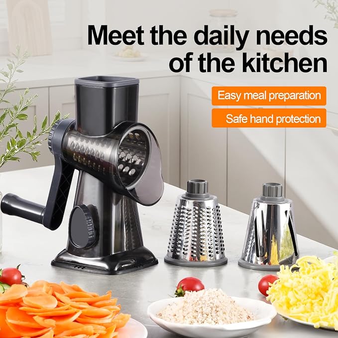 Rotary Cheese Grater Manual Hand Crank 3-in-1 Vegetable Shredde | Finger-safe design, stainless steel drums, suction base. Perfect for cheese, vegetables, nuts & chocolate. Easy to clean