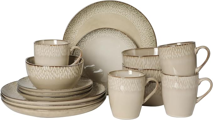 Gibson Elite Jasper 16 Piece Plates and Bowls Reactive Glaze Dishes Stoneware Ceramic Dinnerware Set - Service for 4 - Taupe