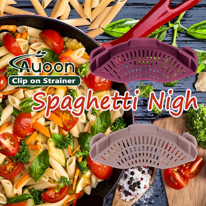 AUOON Pasta Strainer Clip on Silicone, Standard 8.86 x 3.55 in, Almond Rose | BPA-free, Fits All Pots Pans Bowls, Dishwasher Safe, for Meat Noodles Vegetable Fruits, Space-saving Kitchen Gadget