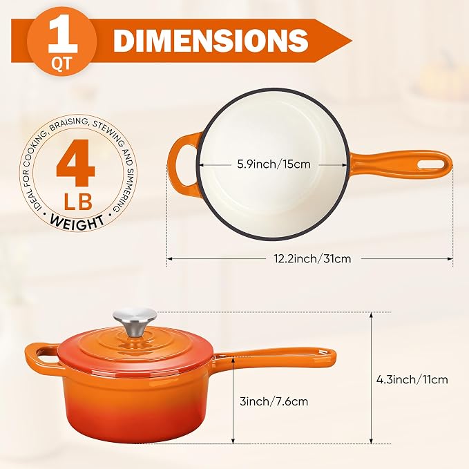 Homikit Small Cast Iron Pot, 1 QT Enameled Cast Iron Sauce Pan with Lid, Heavy Duty Enamel Dutch Oven Kitchen Cookware for Making Pasta, Boiling Soup, Warming Milk, Nonstick & Oven Safe, Flame Orange