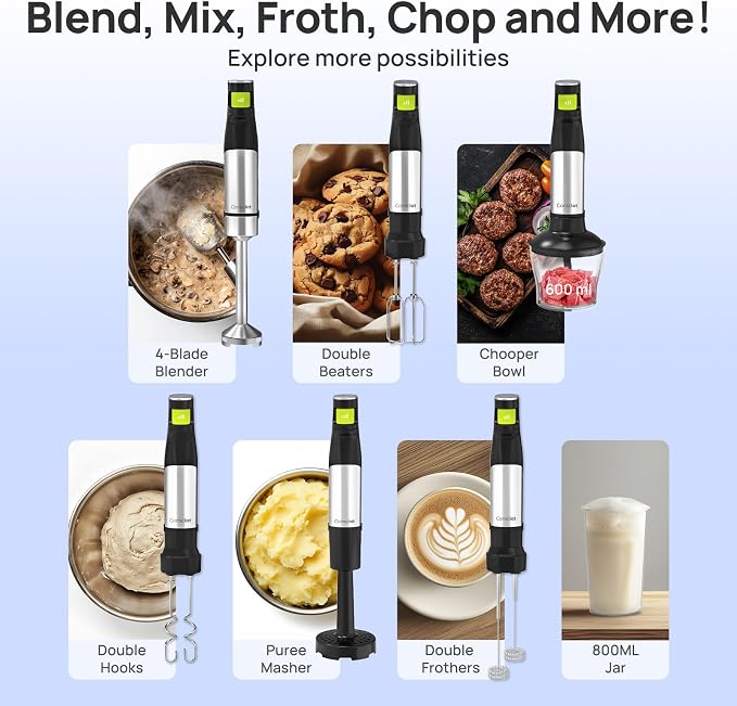 Consciot 7-in-1 Immersion Blender Handheld Max 1100W, Trigger Speed Control | Stick Emulsifier with Entire Stainless Steel Blender Shaft, 800ml Beaker, 600ml Chopper, Beaters, Frothers, Hooks & Masher