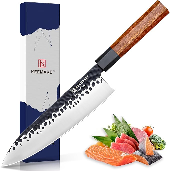 8 Inch Chef Knife, Japanese Hand Forged | High Carbon Steel Kitchen Knives with Ergonomic Rosewood Handle, Ultra Sharp Durable Gyuto Knife for Meat & Veggie Slicing