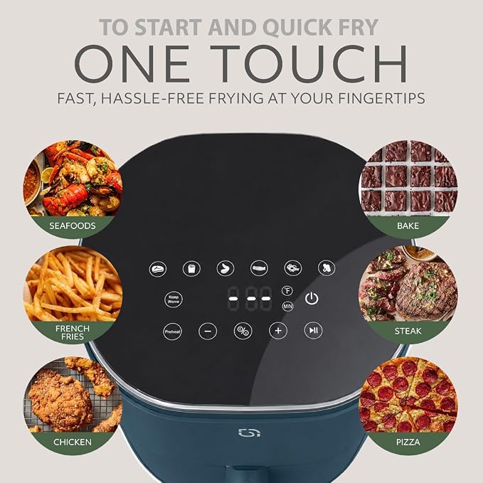 WILLOW Eco Series Glass Air Fryer, 5 Quart Non-Toxic Air Fryer with Glass Basket, 6 One-Touch Presets, 1500W Digital Display, 430°F Max Temp, Preheat & Keep Warm, Dishwasher Safe - Navy Blue