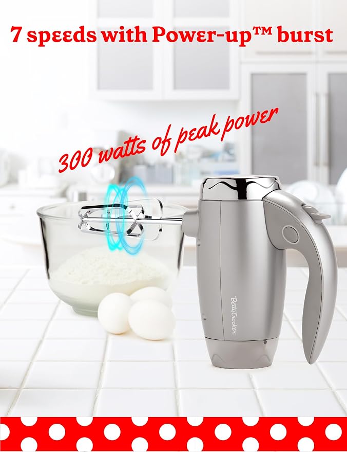Betty Crocker 7-Speed Power-Up™ Hand Mixer with Stand, BC-4208S, Silver | 300 Watt Electric Mixer with Beaters and Dough Hooks, Ergonomic Electric Hand Blender for Home & Kitchen with Stand